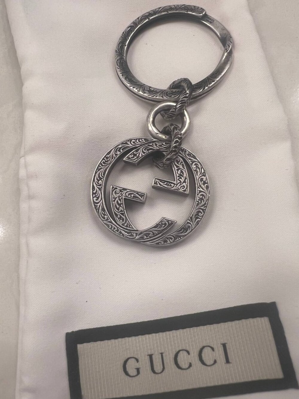 Gucci Interlocking G Sterling Silver Keychain Engraving